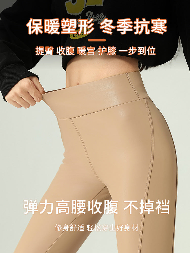 Leather Pants Women's Tight 2024 New High Waist Thin Cropped Pants fleece-lined Leather Matte Leggings Outer Wear Long Pants