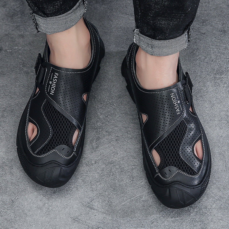 Sandals for Men, Summer Casual Shoes, Breathable Toe-Toe Mesh Outdoor Hollow Hole Shoes, Trendy Roman Non-Slip Beach Shoes for Men