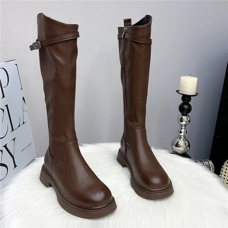 Genuine Leather Thick-Soled Boots for Women 2025 Autumn and Winter New V-Mouth High Knight Boots for Small People but No More Than Knee Boots for Women