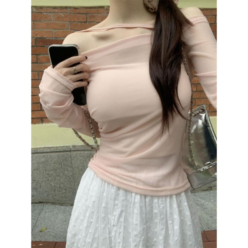 Long-Sleeved Blouse for Women in Early Spring, High-End Slimming Short Off-Shoulder Top