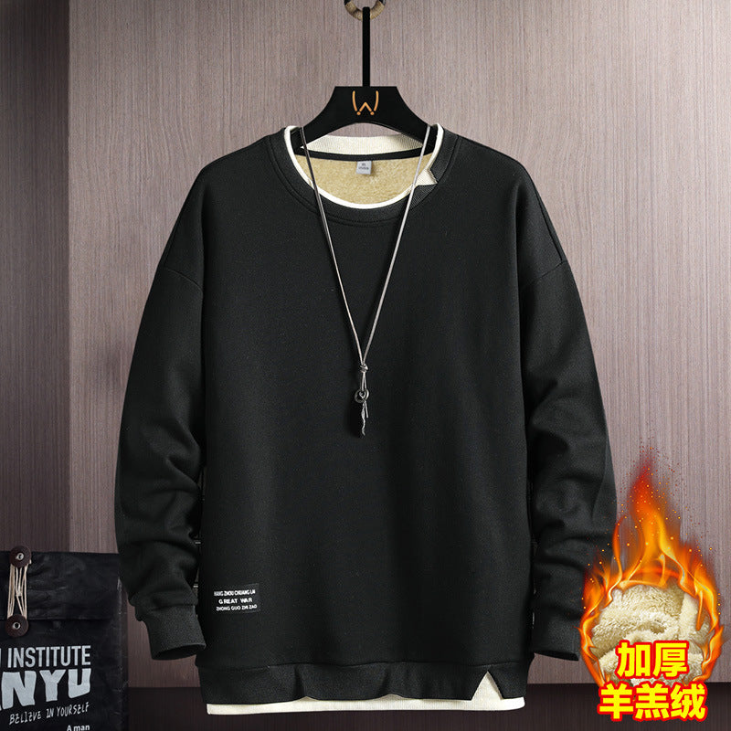 Fake Two-piece Stitching Heavy Round Neck Sweaters Men's Autumn and Winter Fashionable Ins All-match Long-sleeved T-shirt Top Men