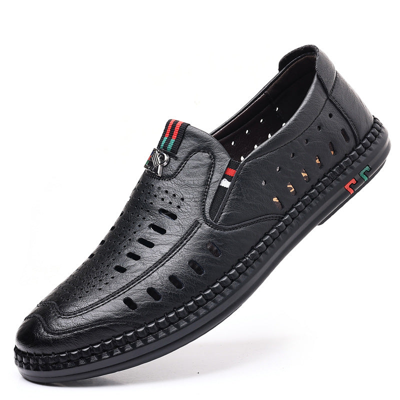 2026 New Men's Sandals Soft Leather Business Perforated Men's Shoes Soft Sole Hole-In-The-Wall Dad Leather Shoes White