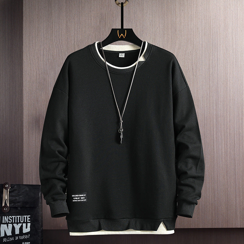Fake Two-piece Stitching Heavy Round Neck Sweaters Men's Autumn and Winter Fashionable Ins All-match Long-sleeved T-shirt Top Men