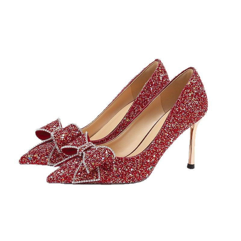 829-111 Pointed High Heel New Red Xiuhe Dress Wedding Shoes Bow Chinese Not Tired Bride High Heels