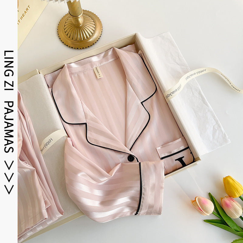 2525 New Summer Ice Silk Women's Pajamas V-Neck Thin Large V Printed Pants Long-Sleeved High-End Home Clothes