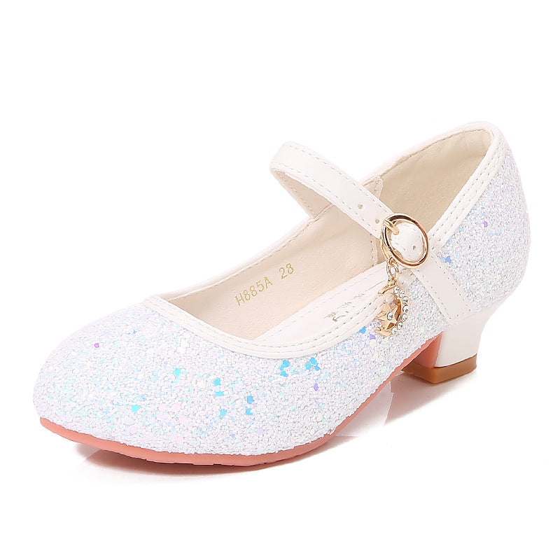 Children's High Heels Women's Shoes New Fashion Students Silver Sequins Performance Shoes Women's Etiquette Flower Children's Shoes