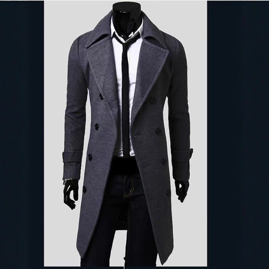 [M-4XL] Cross-border 2024 Fall/Winter Long Double-breasted Windbreaker Men's Wool Coat Slim Fit Wool Coat Men