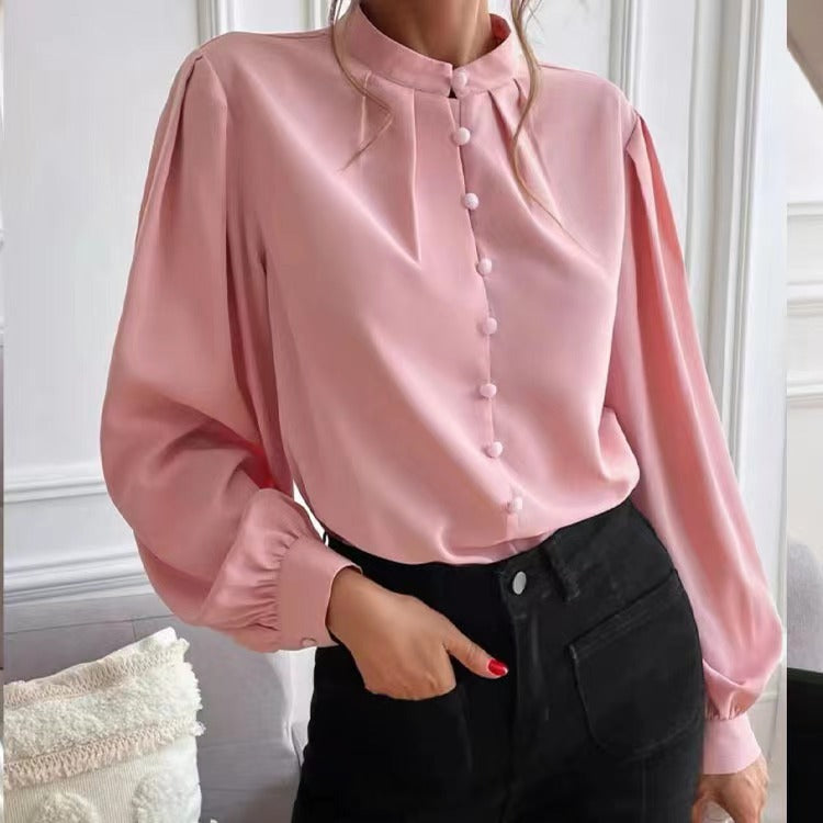 Women's Shirts 2024 Spring Amazon Foreign Trade New Elegant Solid Color Lapel Long Sleeve Single Row Button Loose Tops for Women