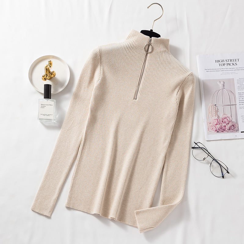 Spring sweater women's semi-high collar ring zipper slim outer wear long sleeve middle collar base sweater sweater top wholesale