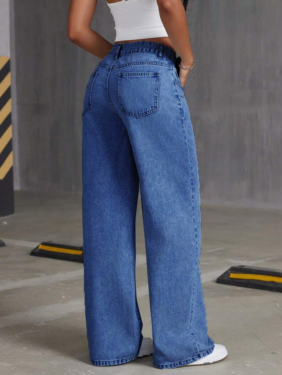 European and American Cross-Border 2025 New Loose Light Blue Washed Wide-Leg Jeans Pure Color Pants Women Jeans