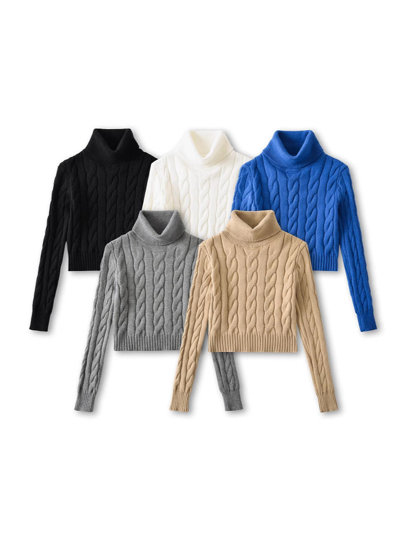 2024 Winter New Spice Girls High Neck Twist Sweater Women's Solid Color All-match Lazy Style Short Base Long Sleeve Sweater