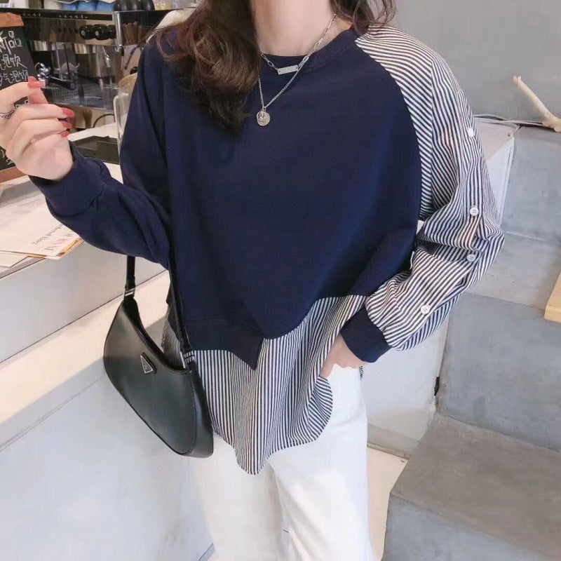 Eclectic Design Sense Niche Stitching Round Neck Sweater Women's Spring and Autumn New Irregular Striped Loose Cotton Top