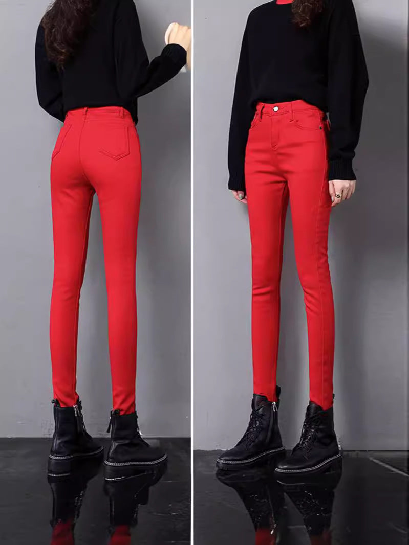 Red Jeans Women's 2024 Autumn and Winter Plus Velvet High Waist Slim Fit Small Foot Casual Pants Straight-Leg Pencil Pants