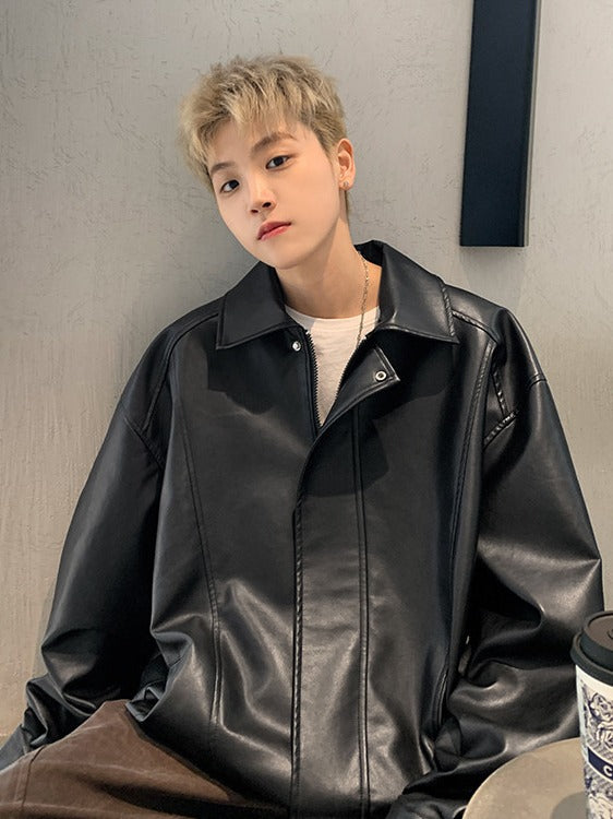 Leather Jacket Men's Autumn American Style High-end Feeling Fat Shuai Chao Brand Lapel Loose Leather Stitching Biker Jacket