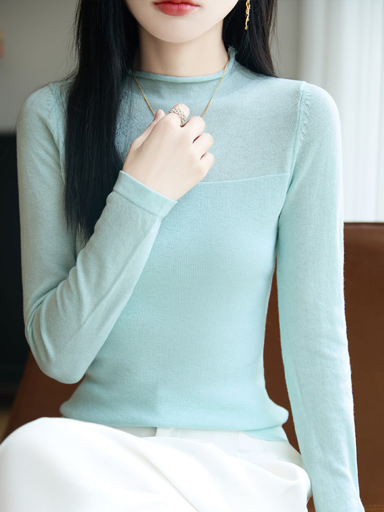 Sweater Women's Autumn and Winter Rolled Edge Half Turtleneck Knitted Sweater Thin Long-Sleeved Knitted Bottoming Shirt Women's Top Cross-Border Sweater