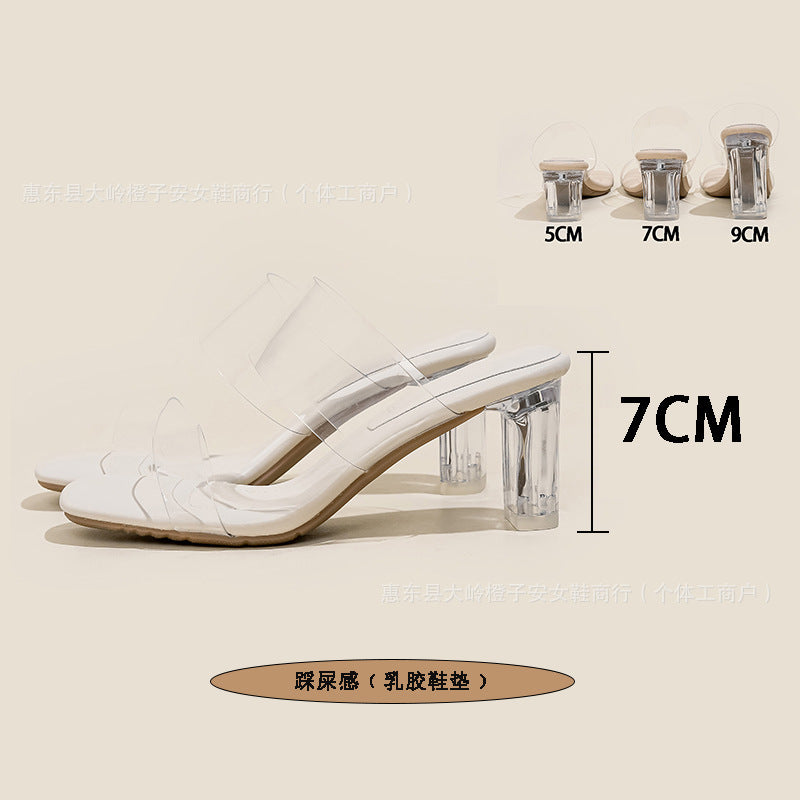 Transparent Crystal High-Heeled Sandals for Women, Summer 2026 New Style, One-Strap Square-Toe Outdoor High Heels