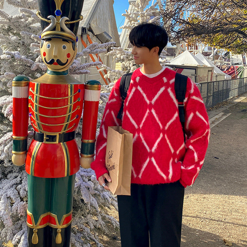 Plush Plaid Sweater Men's Autumn and Winter Korean-style Fashionable Loose Sweater Thickened Lover's All-match Sweater for Men