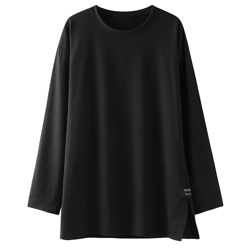 150kg Women's Spring Round Neck Mid-Length Slit Long Sleeve T-Shirt for Women 120kg Plus Size Loose Slimming Base Shirt