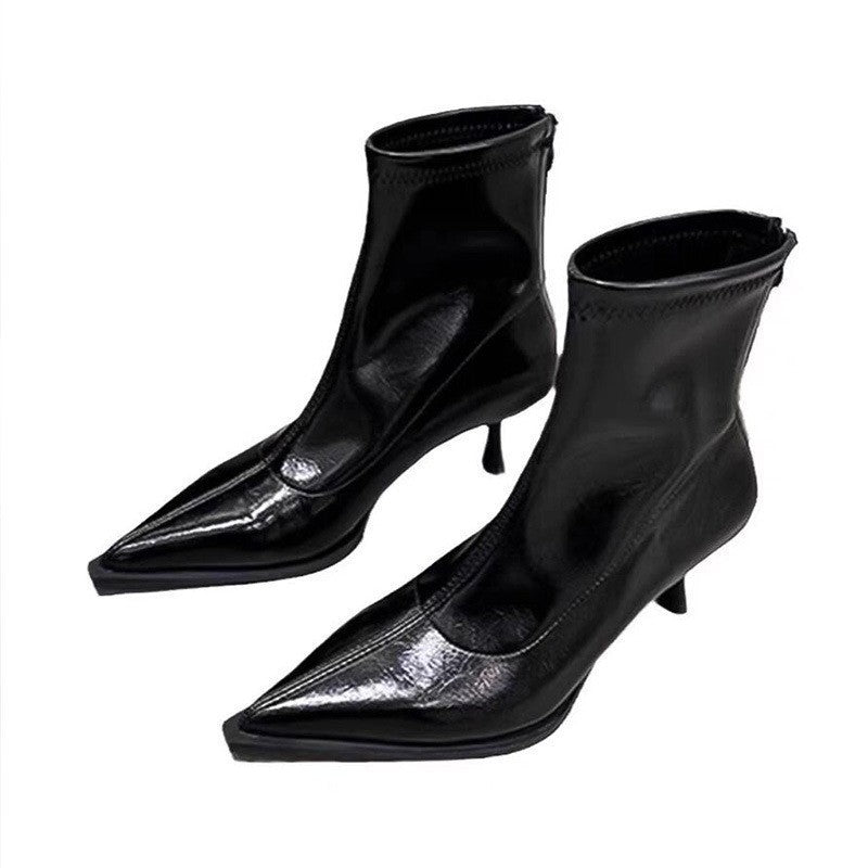 High-Heeled Pointed-Toe Short Boots for Women with Stiletto Heels and Back Zippers 2025 New Autumn and Winter Black Patent Leather High-End Slim Boots