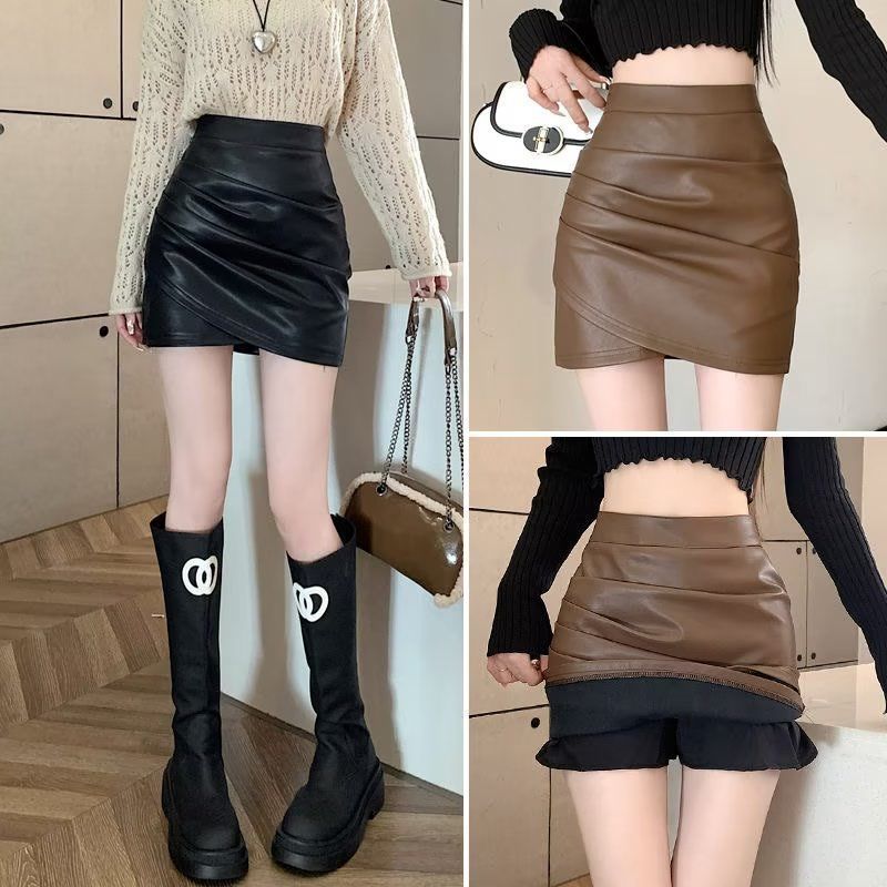 Black Leather Skirt for Women Summer New Large Size Fat Pleated Skirt Anti-Exposure Hip Skirt Short Skirt
