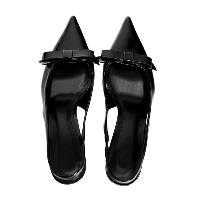 Za Black Patent Leather Bow Jewelry High Heel Mules 2025 Spring and Summer Pointed Toe Slingback Stiletto Sandals Flats for Women