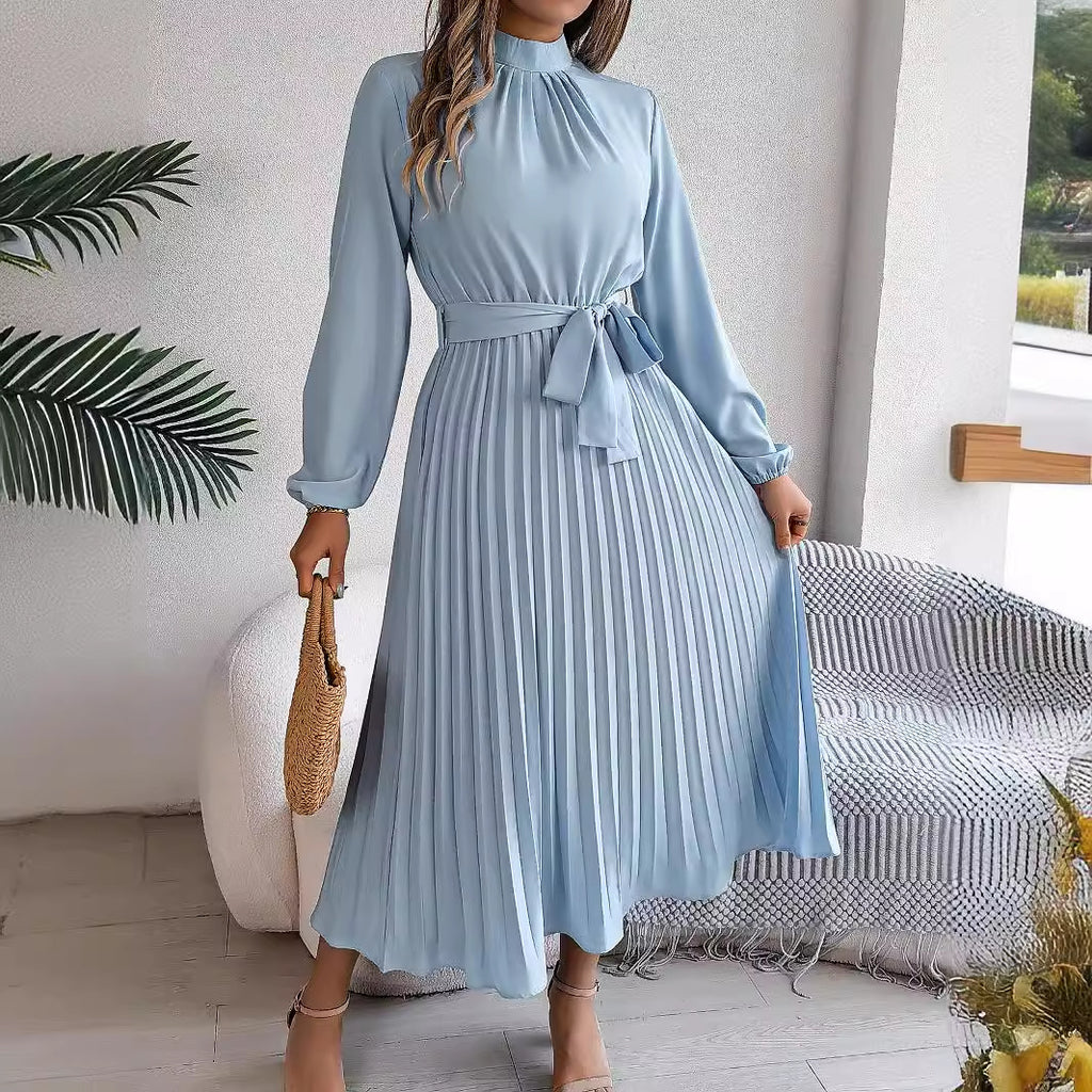 2026 European and American Spring/Summer Elegant Stand Collar Long Sleeve Waist-Cinched Pleated Long Dress Mini Dress Amazon Cross-Border Women's Clothing