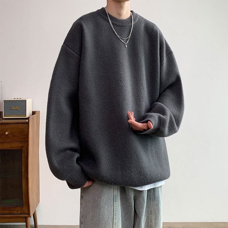 Sweater Men's Autumn and Winter Lazy Style American Style Retro High-end Sense Loose Casual Solid Color Pullover Base Knitted Sweater