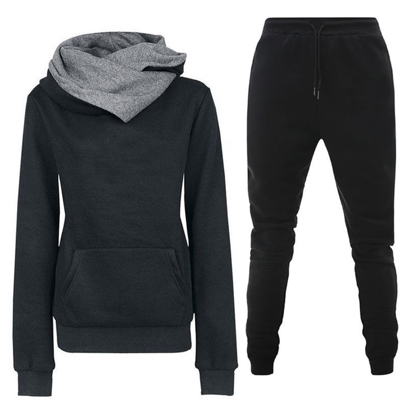 Cross-border autumn and winter thickened fleece casual sportswear solid color women's irregular hoodie sweatshirt sweatpants suit