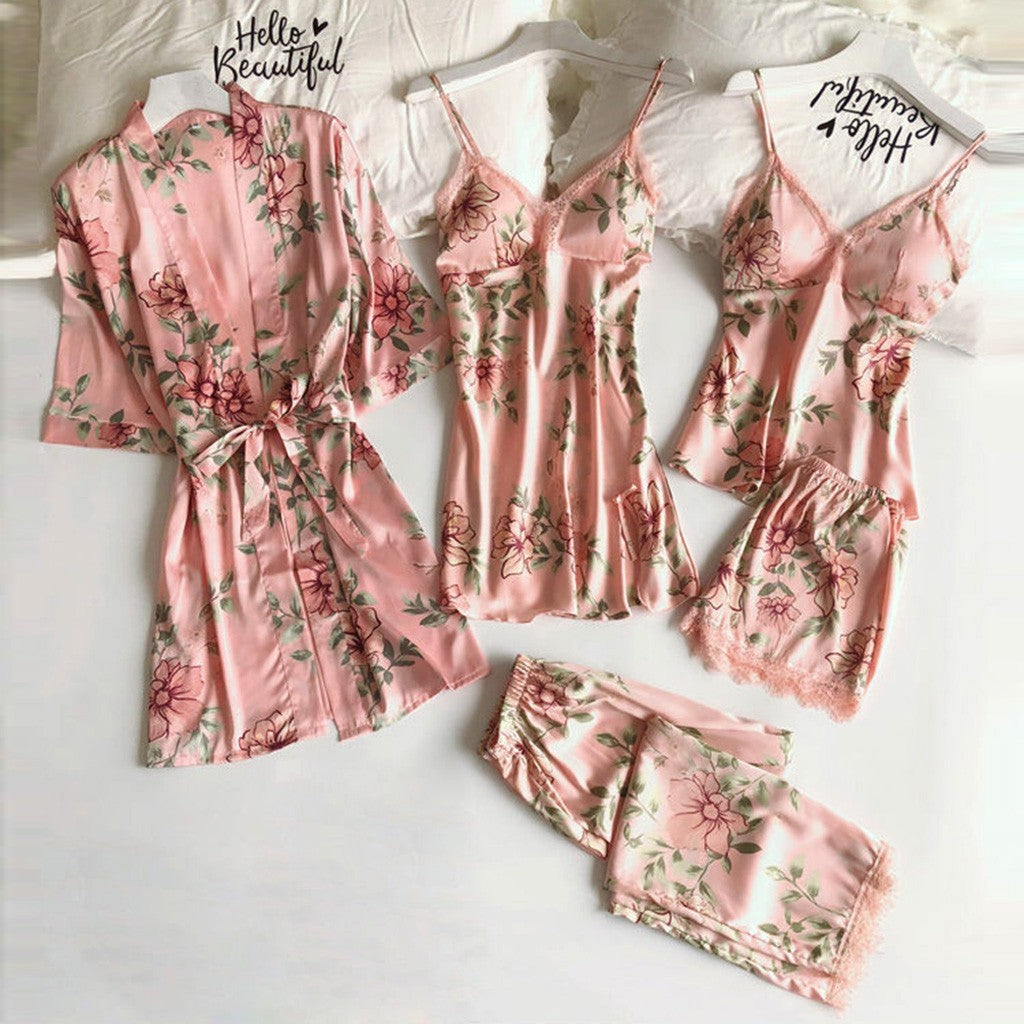 Pajama Manufacturer Wholesale Printed Women's Imitation Suspender Sleep Loose and Comfortable Lace Five-Piece Set Home Wear Underwear Nightgown