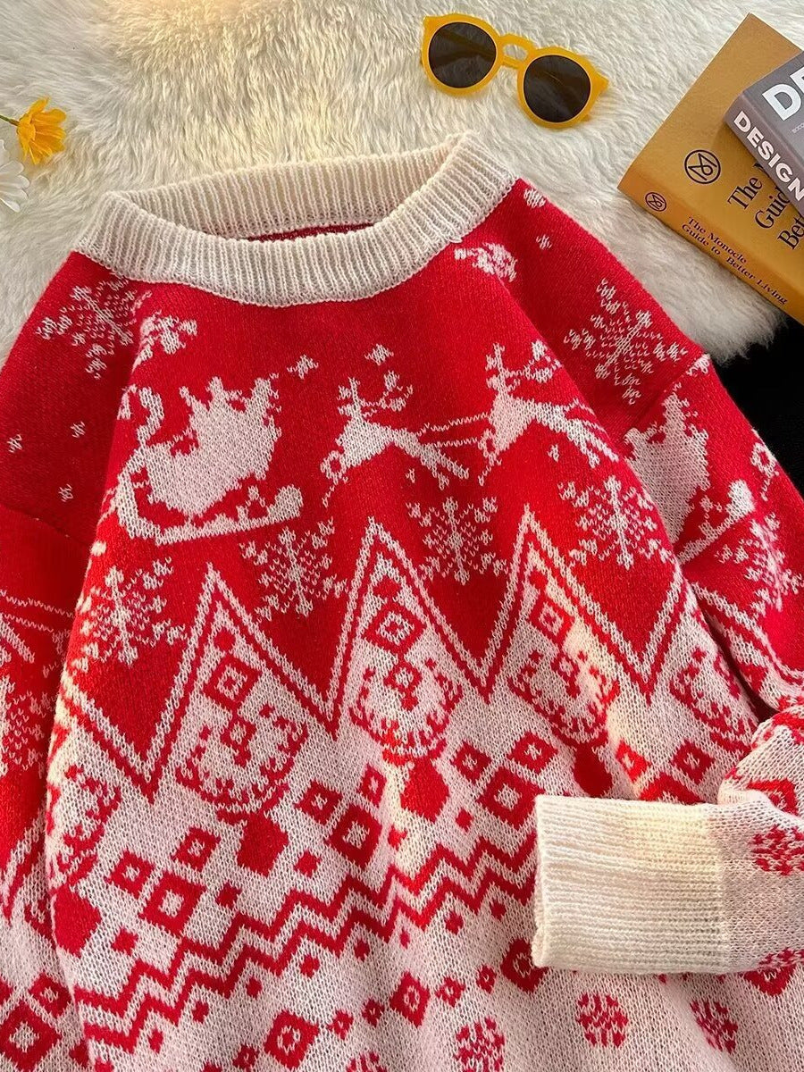 Men's Lazy Style Big Red Knitted Sweater for Teenagers and Students Christmas Holiday Couple Wear Loose Sweater for Men in Winter