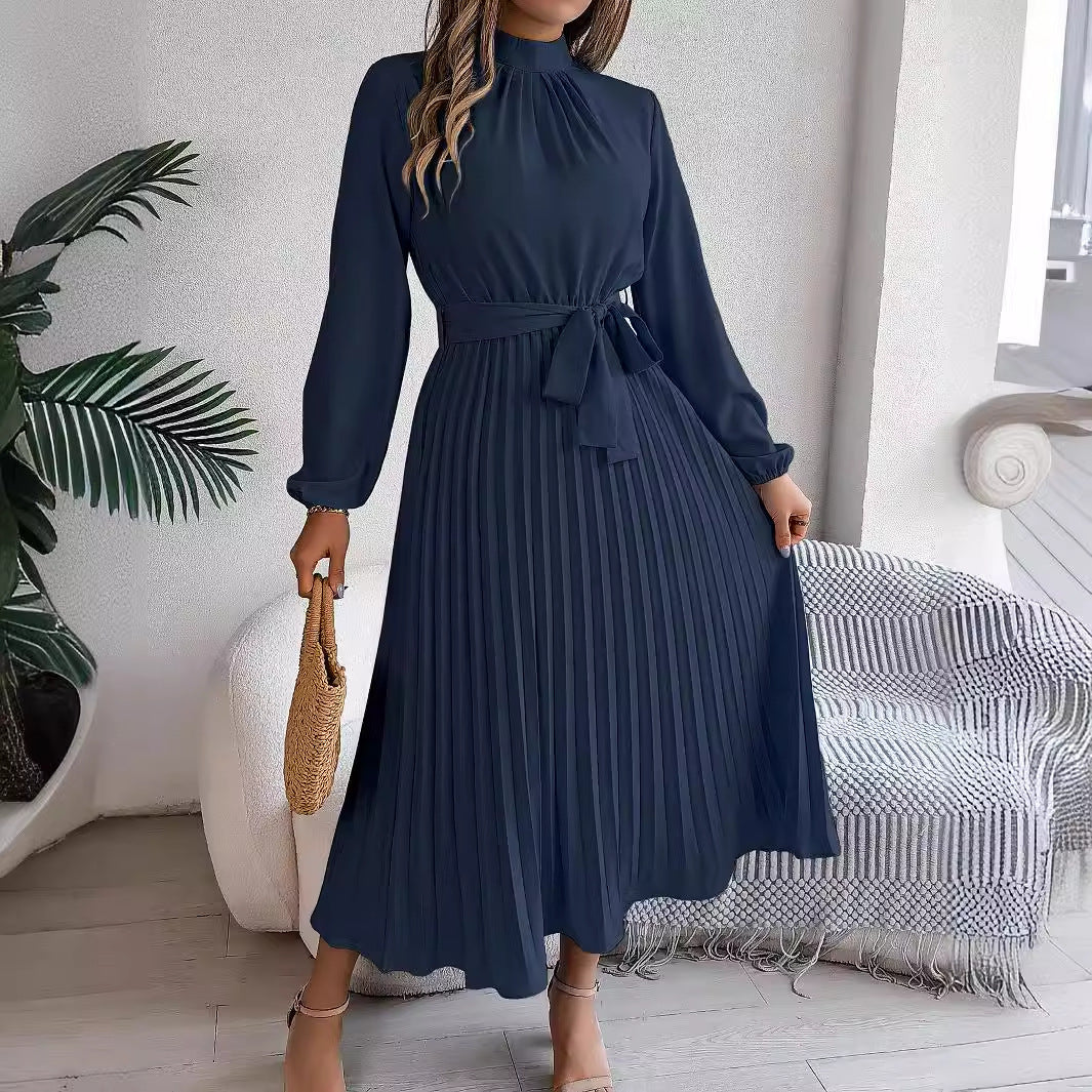 2026 European and American Spring/Summer Elegant Stand Collar Long Sleeve Waist-Cinched Pleated Long Dress Mini Dress Amazon Cross-Border Women's Clothing