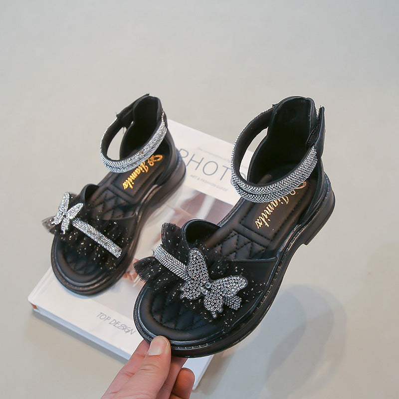 Girls Sandals 2025 Summer New Medium and Large Children's Roman Shoes Open Toe Fashion Bow Little Girls Princess Shoes Trendy