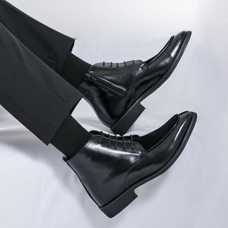 High-top color-block leather boots cross-border plus size 46 autumn and winter short boots European and American style men's side zipper fashion British boots