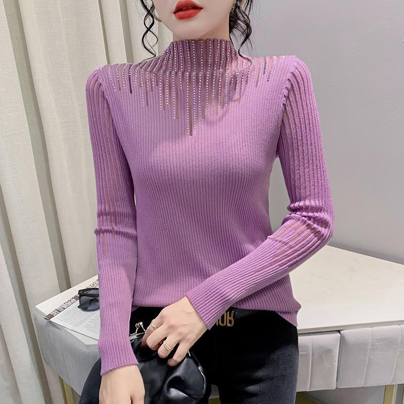 Real shot 2022 autumn and winter New Hot drilling mesh stitching sweater women's long sleeve hollow sweater slim base shirt