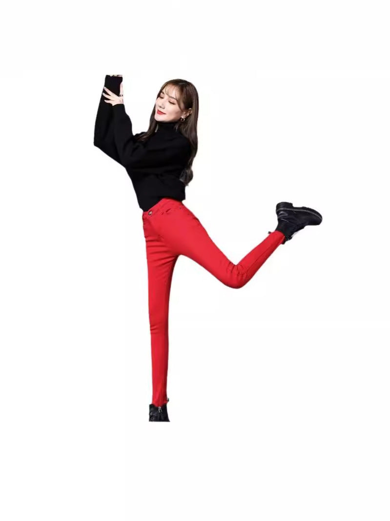 Red Jeans Women's 2024 Autumn and Winter Plus Velvet High Waist Slim Fit Small Foot Casual Pants Straight-Leg Pencil Pants