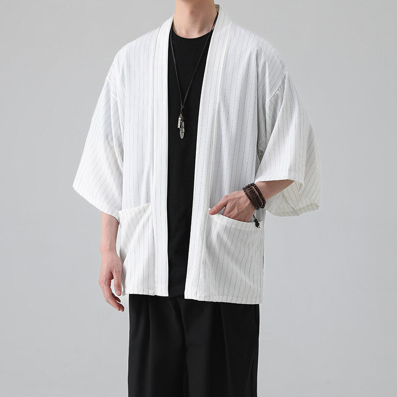 2025 New Summer Stripesd Men's Three-Quarter Sleeve Windbreaker Large Size Thin Outwear Chinese Style Cloak Men's Top