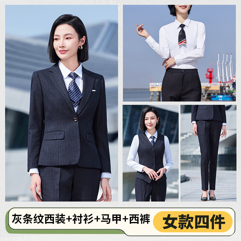 Thickened Elastic Stripe Suit Men's and Women's Same Style Advanced Sense Teachers' Business Wear Suit suit Civil Servant Work Clothes