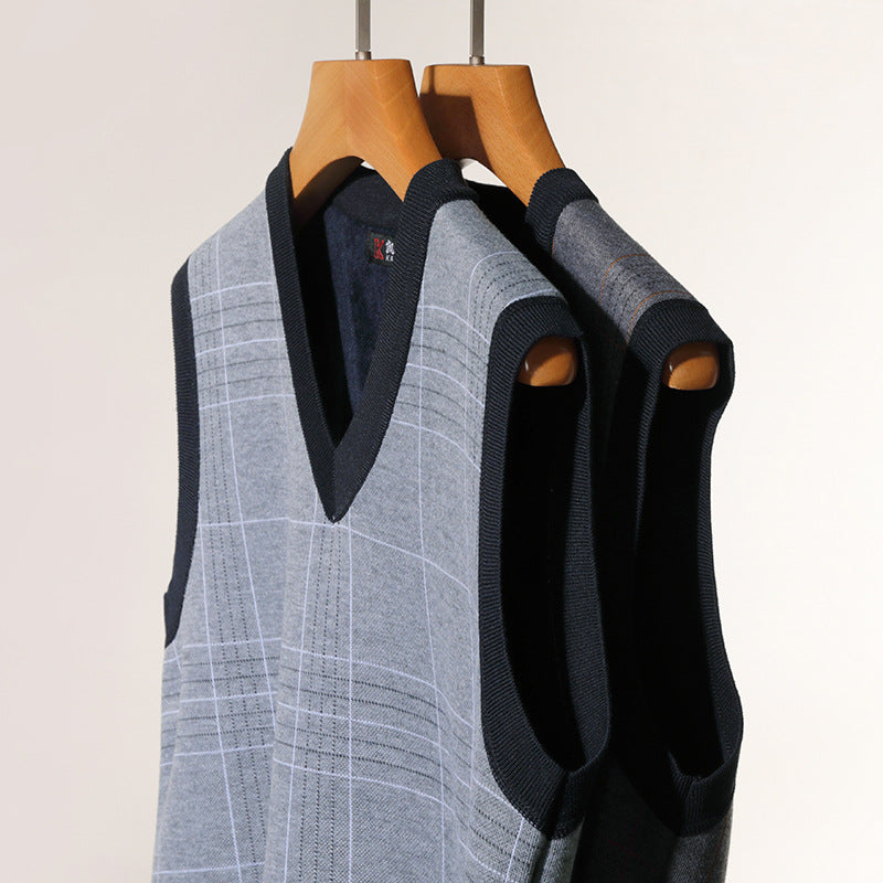 Autumn and Winter New Men's Knitted Inner Sweaters for Middle-Aged and Elderly People Fleece-Lined to Heattech Dad's Vests and Vests