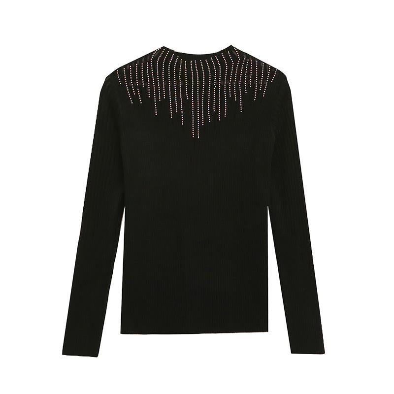Real shot 2022 autumn and winter New Hot drilling mesh stitching sweater women's long sleeve hollow sweater slim base shirt