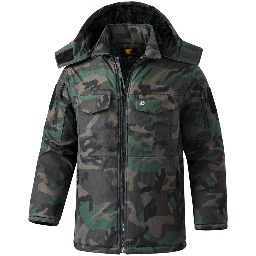 Winter Mid-Length Cotton Work Clothes for Men, Velvet Thickeneded Cotton Jackets, Cold-Proof, Windproof and Warm Camouflage Work Clothes, Military Coats