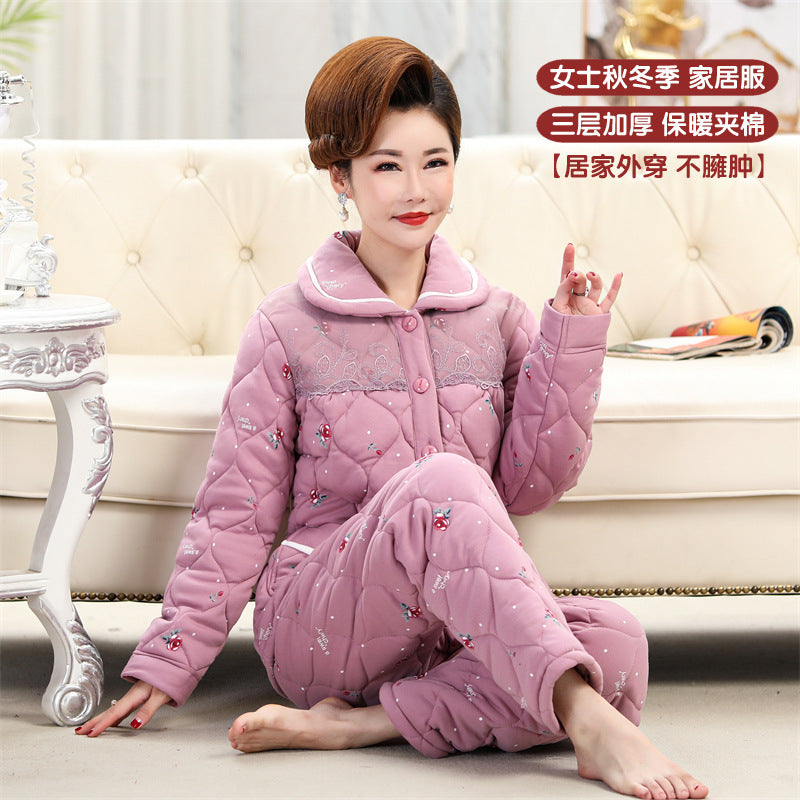 Sleeping beauty pajamas fall/winter women's cotton padded three-layer thick warm and cold-proof home clothes mother's day gift 08
