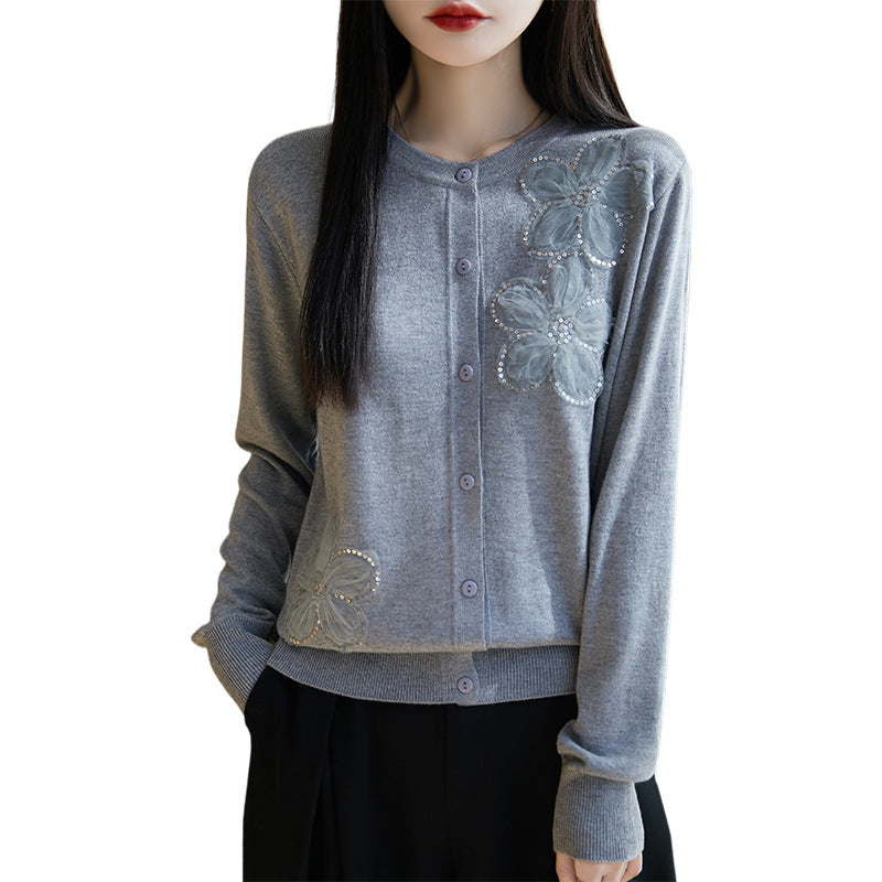 Spring and Autumn New Women's Worsted Wool Knitted Sweater Round Neck Three-dimensional Flower Knitted Cardigan Fashion Sweater Coat Top