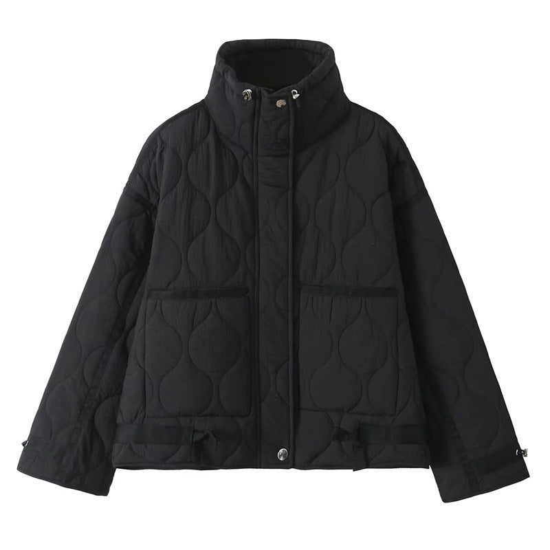 New Autumn and Winter Women's Stand-Up Collar Quilted Cotton Jacket Outwear Patch Pocket Decoration Fashion Loose Casual Cotton Outwear for Women