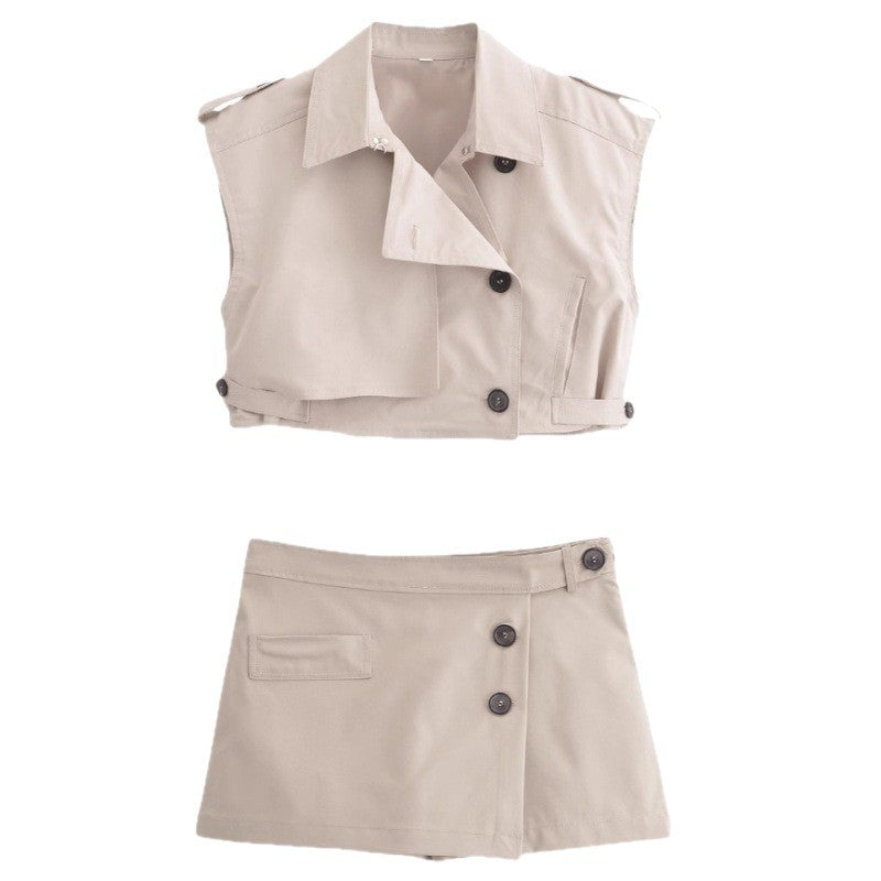 Cross-border Amazon Explosions Wholesale Spring New Lapel Single-breasted Sleeveless Trip Belt Short Top Short Culottes