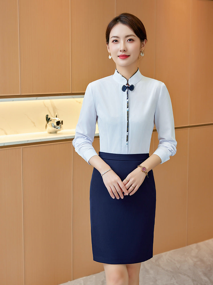 White Shirt Women's Vertical Collar Slim-fit Slimming Top with Buckle Korean Style Elegant Hotel Front Desk Attendant Professional Shirt