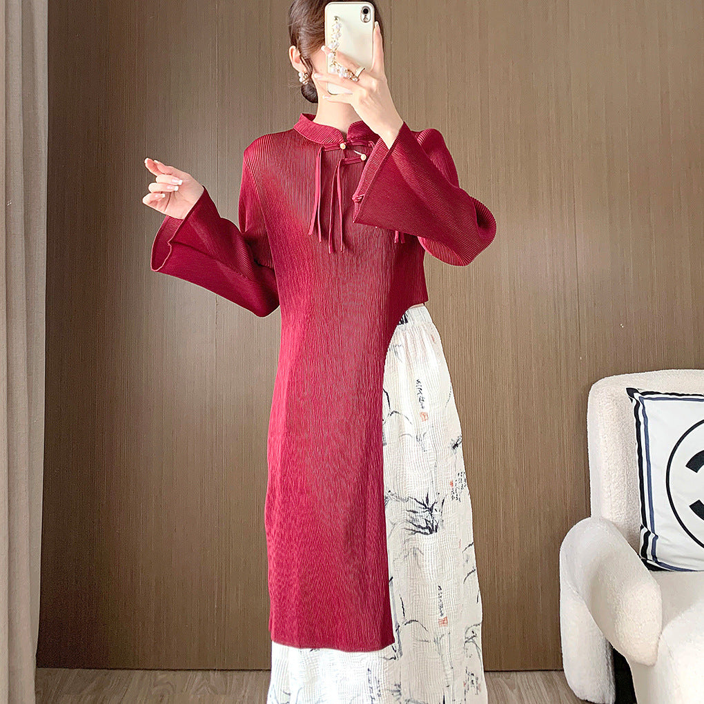 New Chinoiserie Tops for Women, Retro National Style Women's Clothing, Spring New Asymmetrical Pleated T-Shirts, Women's T-Shirts, Long-Sleeved Shirts