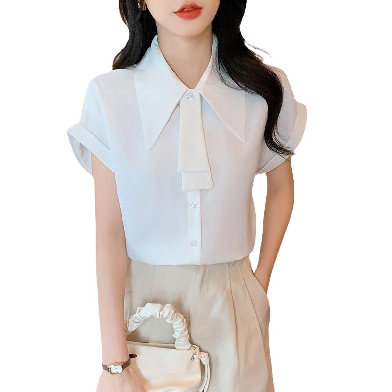 Women's Summer New Design Ol Ribbon Top Romantic Blouse High-End Stylish Short-Sleeved Professional Shirt for Women