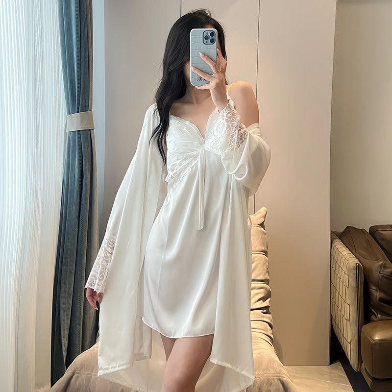 Pajamas Women's Summer Ice Silk Pure Sexy Lace Sling Nightgown Nightgown with Chest Pad Thin Home Clothes Two-piece Set