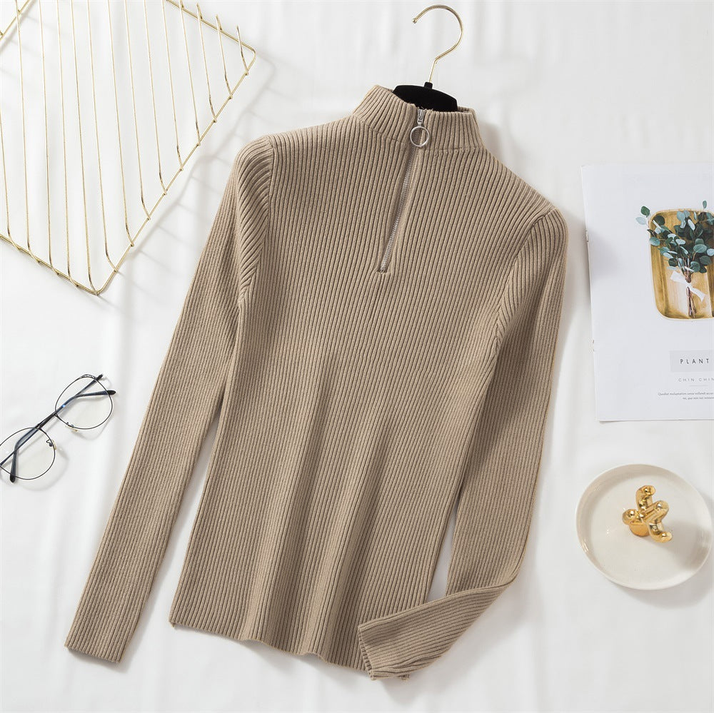 Spring sweater women's semi-high collar ring zipper slim outer wear long sleeve middle collar base sweater sweater top wholesale