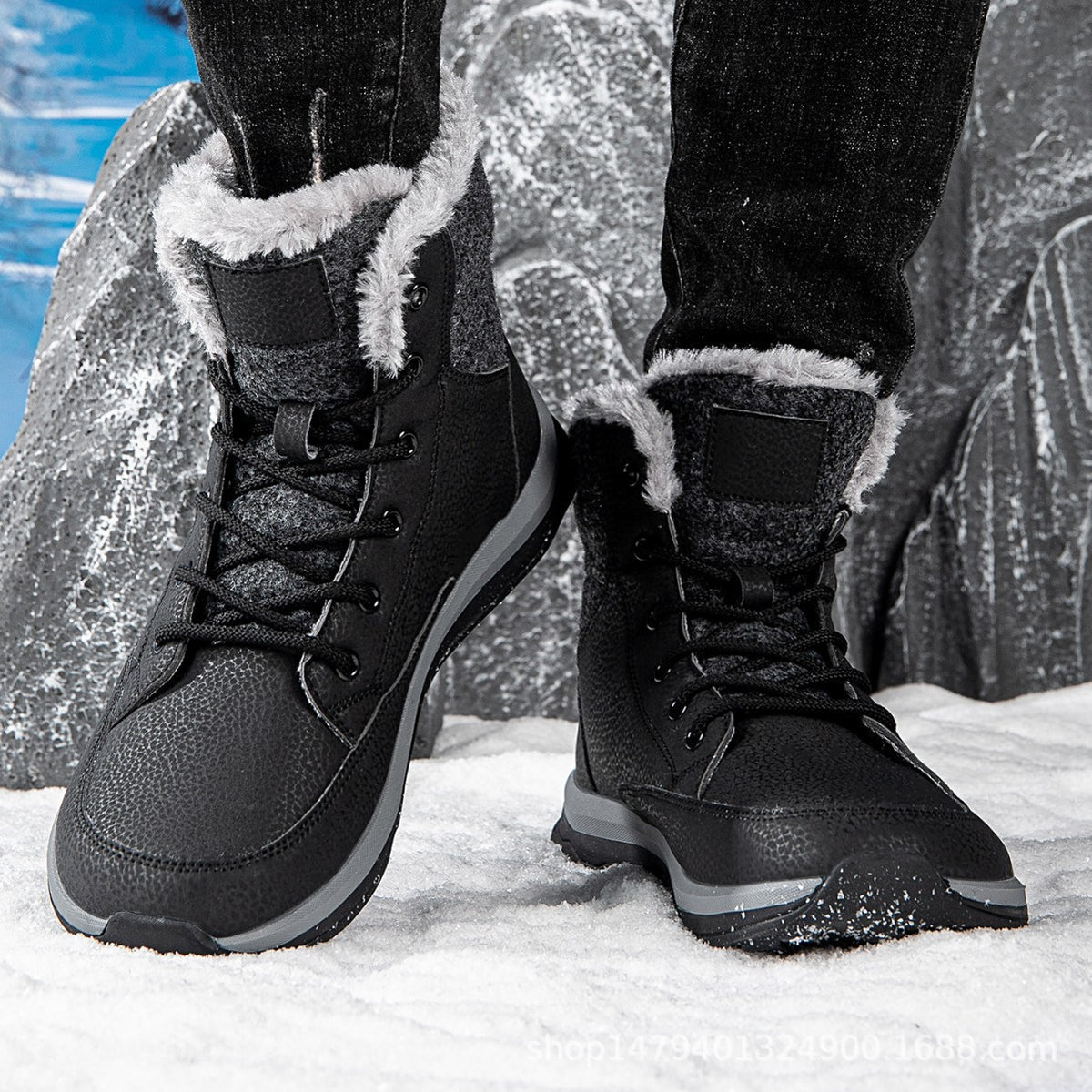 Men's Winter Snow Boots, Men's Hiking Shoes, Fleece-Lined, Thickened, Warm, Large Size Cotton Boots, High-Top Warm Shoes